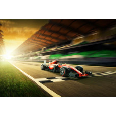 Fototapete eines Formel-1-Autos, das die Ziellinie überquert, mit einem spannenden Rennausgang.