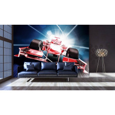 Eine Fototapete mit einem roten Formel-1-Auto für das Wohnzimmer.