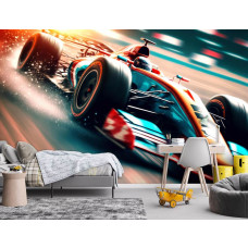 Eine Fototapete mit einem Formel-1-Auto, das mit voller Geschwindigkeit eine Strecke hinunterfährt, speziell für ein Kinderzimmer.