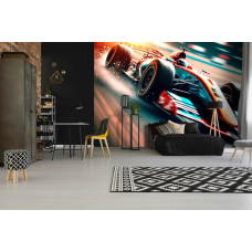 Eine Fototapete mit einem Formel-1-Auto in Aktion auf einer professionellen Rennstrecke, ideal für ein Schlafzimmer.