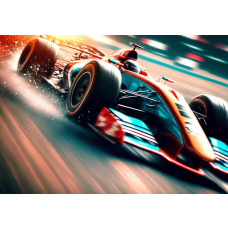 Formel-1-Auto-Fototapete mit einem beeindruckenden Rennwagen, der mit voller Geschwindigkeit die Strecke hinunterfährt.