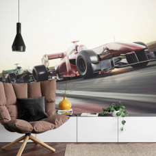 Fototapete eines Formel 1-Rennens mit intensiver Action im Wohnzimmer.