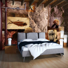 Eine Fototapete mit Fossilien und Muscheln in einem prähistorischen Design für ein Schlafzimmer.