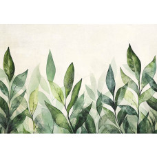 Fotobehang met een fris bladerenmotief in aquarelstijl met groene tinten op een lichte achtergrond.