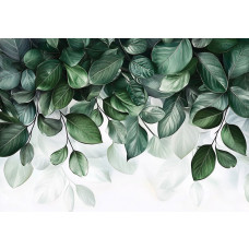 Fotobehang met fris groene bladeren op een lichte achtergrond.