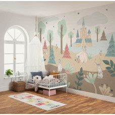 Fototapete Frozen Castle Playground im Kinderzimmer mit Elsa, Anna, Olaf und dem Schloss von Arendelle zwischen bunten Bäumen, Blumen und sanften Pastellfarben.