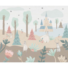 Fototapete Frozen Castle Playground mit Elsa, Anna, Olaf, einem magischen Hirsch und dem Schloss von Arendelle in einer märchenhaften Pastelllandschaft.