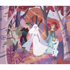 Fototapete Frozen Forest Friendship mit Elsa, Anna, Olaf, Kristoff und Sven in einem farbenfrohen Wald mit rosa Bäumen und verspielten Illustrationen.