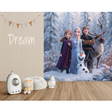 Fototapete Die Eiskönigin Magie des Winters im Kinderzimmer mit Elsa, Anna, Olaf, Kristoff und Sven in einem winterlichen Wald voller Schnee.