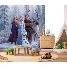 Fototapete Die Eiskönigin Magie des Winters an der Wand eines Kinderzimmers mit den beliebten Figuren aus Die Eiskönigin in einer märchenhaften Schneelandschaft.