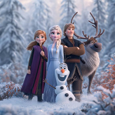 Fototapete Die Eiskönigin Magie des Winters mit Elsa, Anna, Olaf, Kristoff und Sven in einer verschneiten Winterlandschaft zwischen schneebedeckten Bäumen.