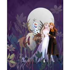 Fototapete Die Eiskönigin Magische Freundschaft mit Elsa, Anna, Olaf und Sven in einem verzauberten Wald unter einem großen Mond.