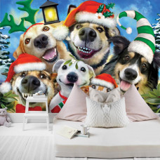 Eine Fototapete von Hunden mit Weihnachtsattributen, geeignet für ein Mädchenzimmer.