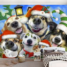 Eine Fototapete von Hunden in einem lustigen Weihnachts-Selfie für Kinder.