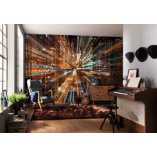 Eine abstrakte Fototapete einer Stadt im Fusion-Stil, die einen modernen und dynamischen Look. Perfekt für das Wohnzimmer, um eine urbane und lebendige Atmosphäre zu schaffen.