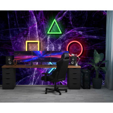 Fotobehang met PlayStation-iconen in neonlicht, geplaatst in een gamekamer met een paarse, high-tech uitstraling.