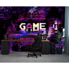 Fotobehang met Game Over in retro pixels, geplaatst in een gamekamer met een paarse digitale uitstraling.