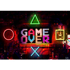 Fotobehang met de tekst Game Over in retrostijl en neonverlichte PlayStation-symbolen in een ruitvorm op een donkere achtergrond.