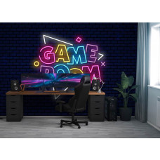 Fototapete Game Room Neonbuchstaben in einem Spielzimmer mit leuchtenden Neonbuchstaben und dynamischen Formen vor dunklem Hintergrund.