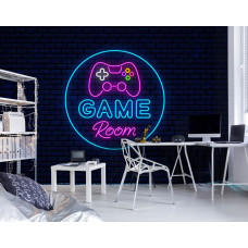 Fototapete Game Room Neonstil in einem Spielzimmer mit Neon-Gamecontroller und rundem Neonkreis auf dunklem Backsteinhintergrund.