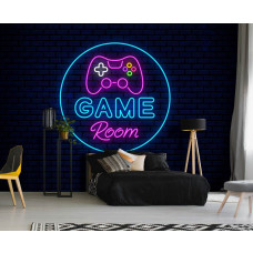 Fototapete Game Room Neonstil in einem Jugendzimmer mit Neon-Gamecontroller und farbenfrohem Design auf dunklem Hintergrund.