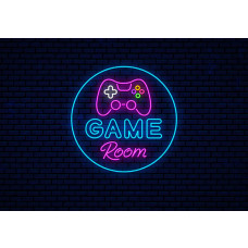 Fototapete Game Room Neonstil mit Neon-Gamecontroller und bunten Knöpfen auf dunklem Backsteinhintergrund.