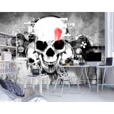 Eine Fototapete mit Totenköpfen und Gaming-Thema, ideal für ein cooles Gaming-Zimmer.