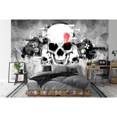 Eine gewagte Fototapete mit Totenköpfen und Gaming-Elementen, entworfen für ein Gamer-Zimmer.