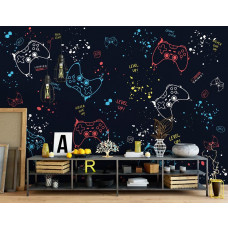 Fototapete mit Spielcontrollern für ein Spielzimmer mit Spiel in einem Büro.