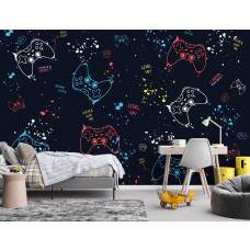 Fototapete mit Spielcontrollern für ein Spielzimmer mit Spiel in einem Kinderzimmer.