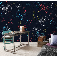 Fototapete mit Spielcontrollern für ein Spielzimmer mit Spiel auf Vliestapete.