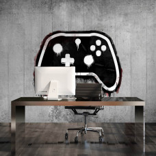 Eine farbenfrohe Gaming-Fototapete mit Controllern und Graffiti-Elementen, perfekt für ein Büro oder ein Spielzimmer.