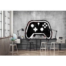Eine verspielte Vliestapete mit Gaming-Controllern im Graffiti-Stil für ein Kinderzimmer.