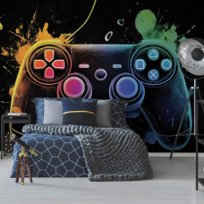 Fotobehang met neonlichten en een gamecontroller in een moderne kinderkamer met gaming sfeer.