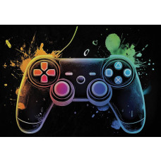 Fotobehang met een gamecontroller in neonstijl met felgekleurde lichteffecten op een donkere achtergrond.