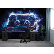 Fotobehang gamecontroller thunderbolt in een gamekamer, waarbij de neon bliksem en energie zorgen voor een spectaculaire gaming sfeer.