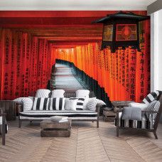 Eine Fototapete von einem Korridor mit 3D-Effekt inspiriert von China für das Wohnzimmer.