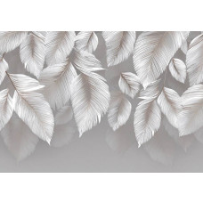 Fotobehang met gedetailleerde witte bladeren op een grijze achtergrond.