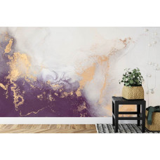 Eine Fototapete mit einem bunten Marmordesign mit goldenen Akzenten und einem luxuriösen Look in einer Küche.