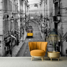 Eine Fototapete mit einer gelben Straßenbahn in den Straßen von San Francisco für das Wohnzimmer.