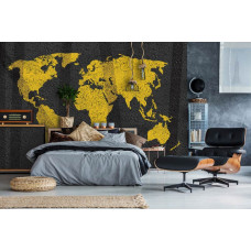 Eine Fototapete einer gelben Weltkarte auf einem konkreten Hintergrund mit abstrakten Details, perfekt für ein Schlafzimmer.