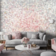 Eine Fototapete mit gemalter abstrakter Kunst mit Farbe im Wohnzimmer.