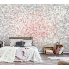 Eine Fototapete mit gemalter abstrakter Kunst mit Farbe im Schlafzimmer.