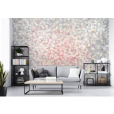 Eine Fototapete mit gemalter abstrakter Kunst mit Farbe im Wohnzimmer.