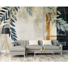 Eine Fototapete mit gemalten Blättern auf Beton im Kunststil im Wohnzimmer.