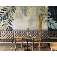 Eine Fototapete mit gemalten Blättern auf Beton im Kunststil in einem Restaurant.