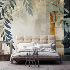 Eine Fototapete mit gemalten Blättern auf Beton im Kunststil im Schlafzimmer.