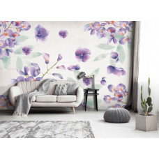 Fototapete mit gemalten Blumen und Blütenblättern für das Wohnzimmer.