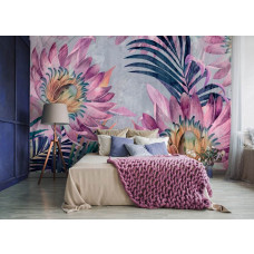 Eine Fototapete mit gemalten Blumen und Blättern auf Beton in einem romantischen Schlafzimmer.