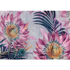 Fototapete mit gemalten Blumen und Blättern auf einem Betonhintergrund, mit einem künstlerischen Effekt.